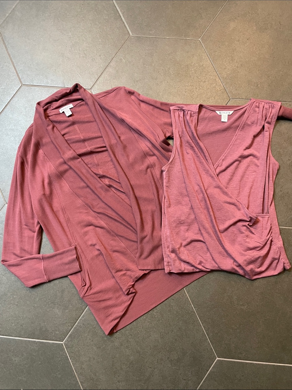 Athleta Dusty Rose Cozy Open-Front Cardigan & Sleeveless Wrap Top Set